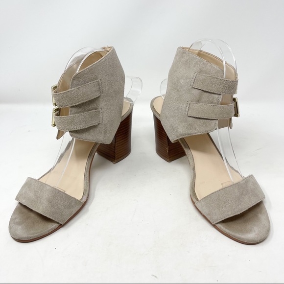 Nine West Galiceno Double Ankle Strap Sandals Genuine Suede Taupe Block Heels - Picture 6 of 10